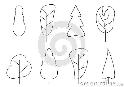Tree icon set. Abstract outline trees silhouettes for nature, cartoon forest or garden design. Green plants. Vector illustration Vector Illustration